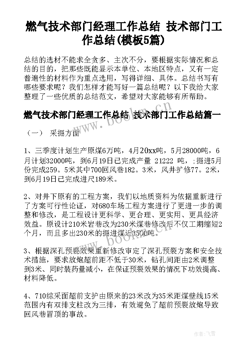 燃气技术部门经理工作总结 技术部门工作总结(模板5篇)