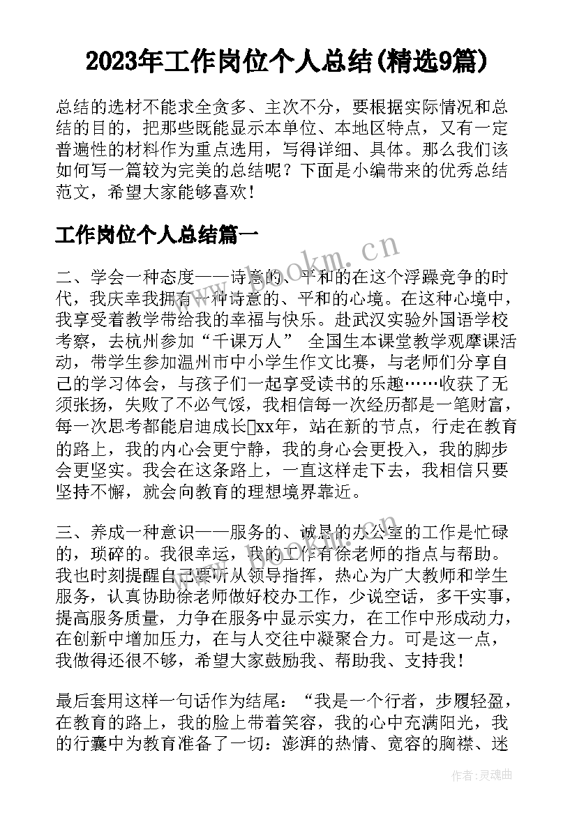 2023年工作岗位个人总结(精选9篇)