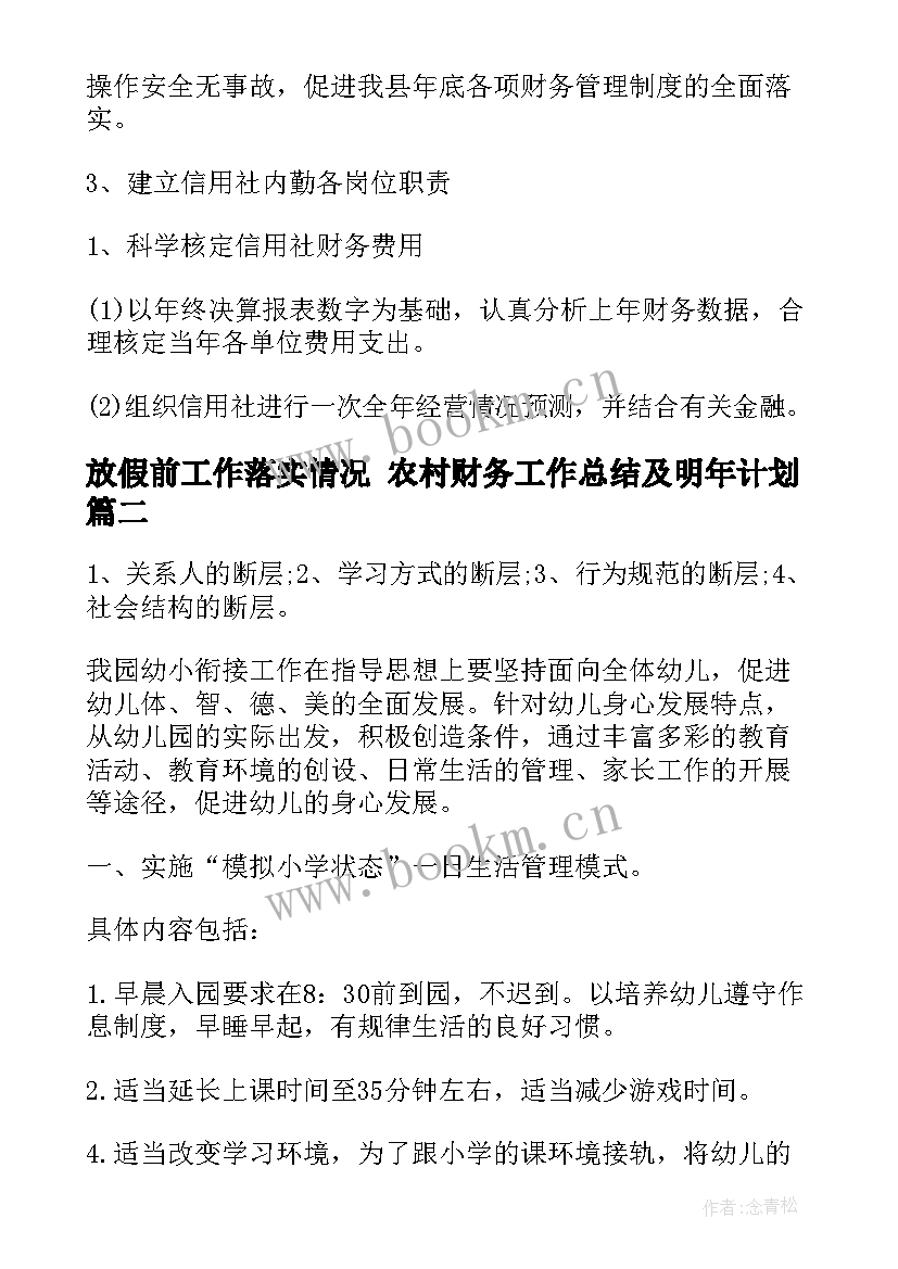 放假前工作落实情况 农村财务工作总结及明年计划(优质5篇)