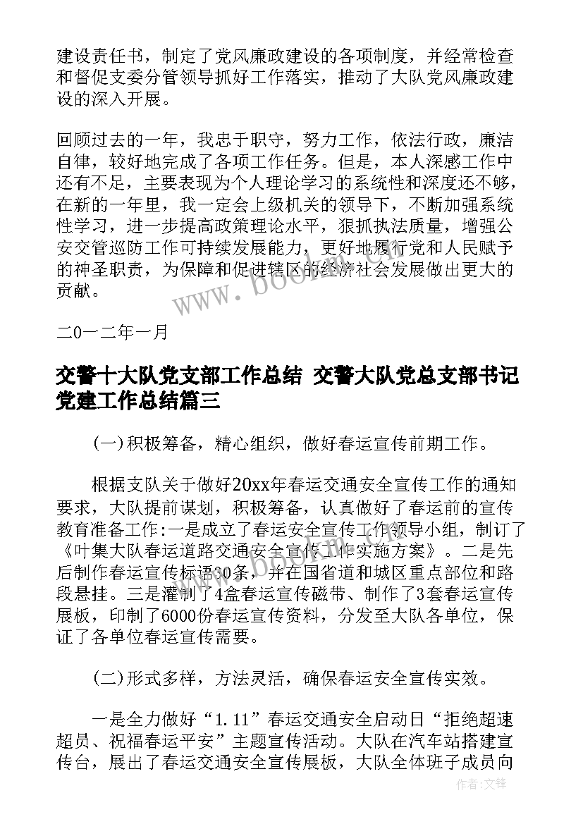 交警十大队党支部工作总结 交警大队党总支部书记党建工作总结(通用9篇)