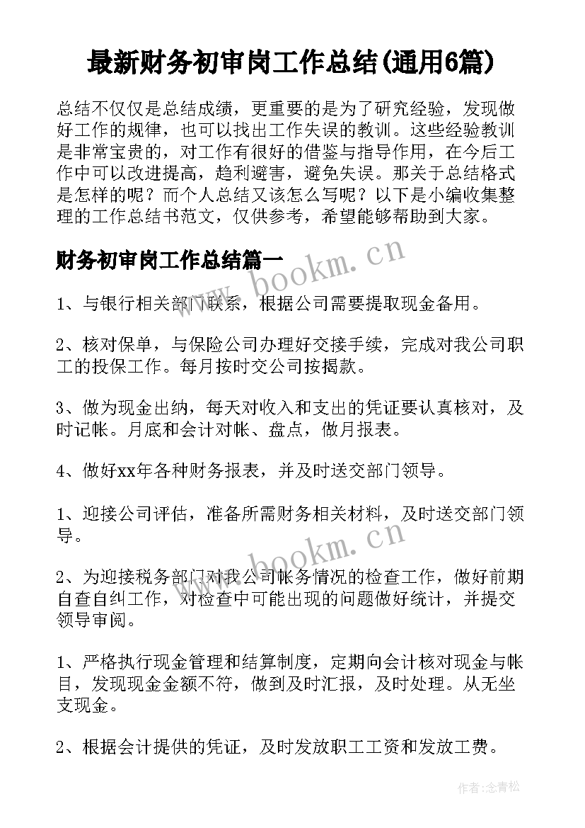 最新财务初审岗工作总结(通用6篇)