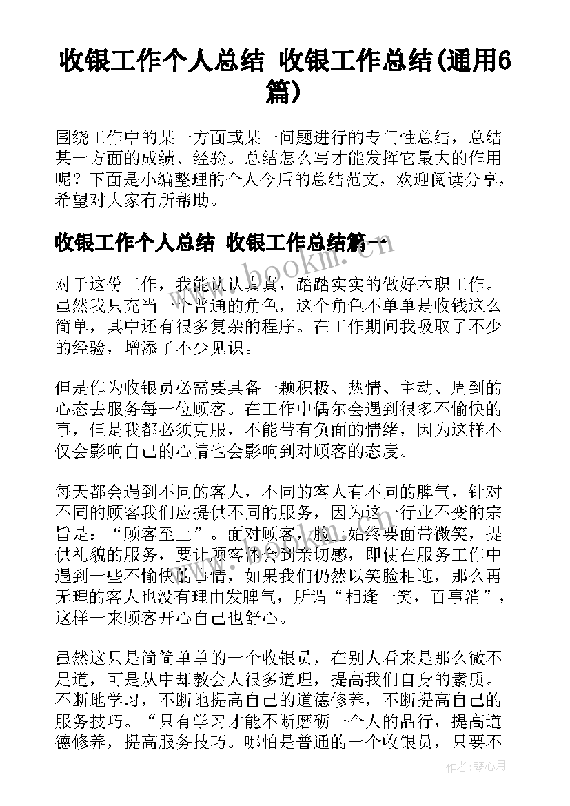 收银工作个人总结 收银工作总结(通用6篇)