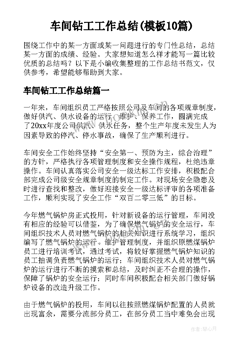 车间钻工工作总结(模板10篇)