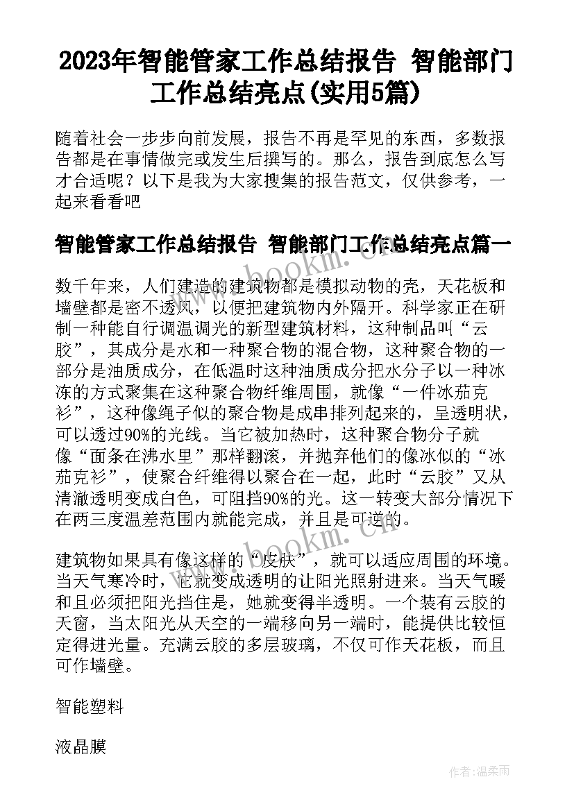 2023年智能管家工作总结报告 智能部门工作总结亮点(实用5篇)