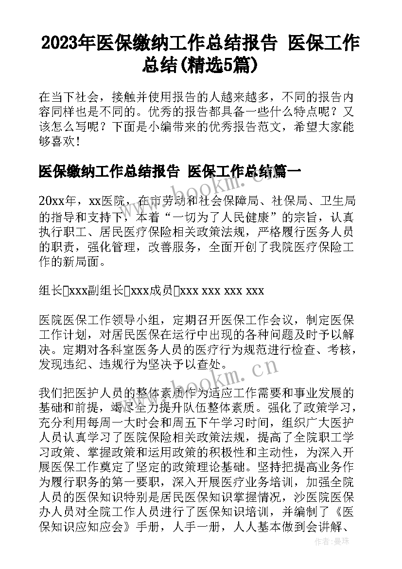 2023年医保缴纳工作总结报告 医保工作总结(精选5篇)