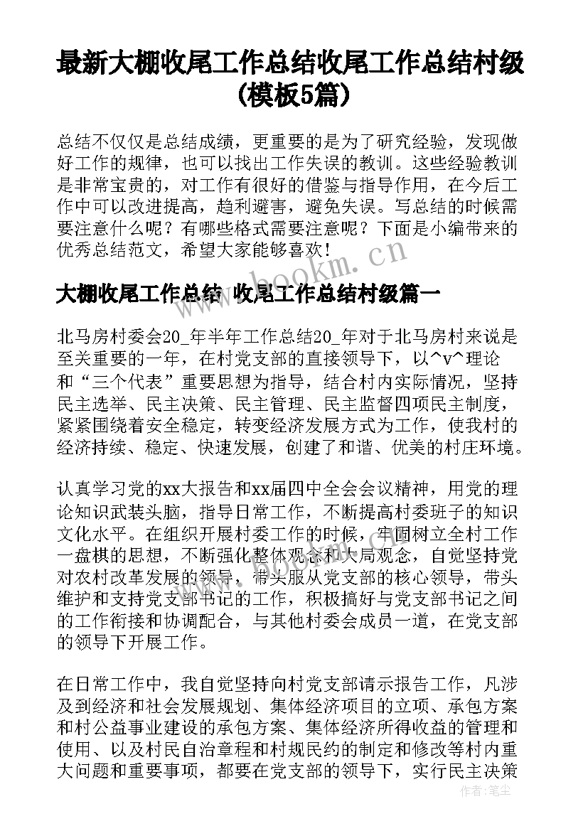 最新大棚收尾工作总结 收尾工作总结村级(模板5篇)