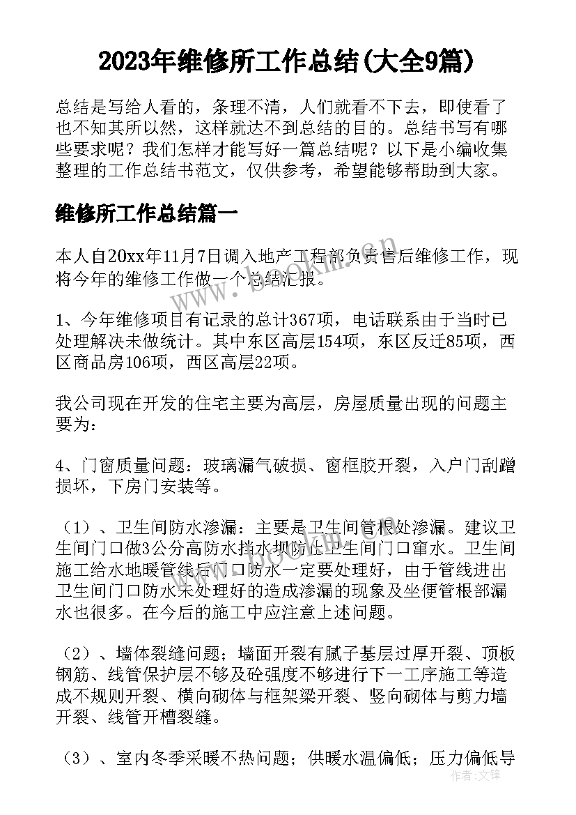 2023年维修所工作总结(大全9篇)