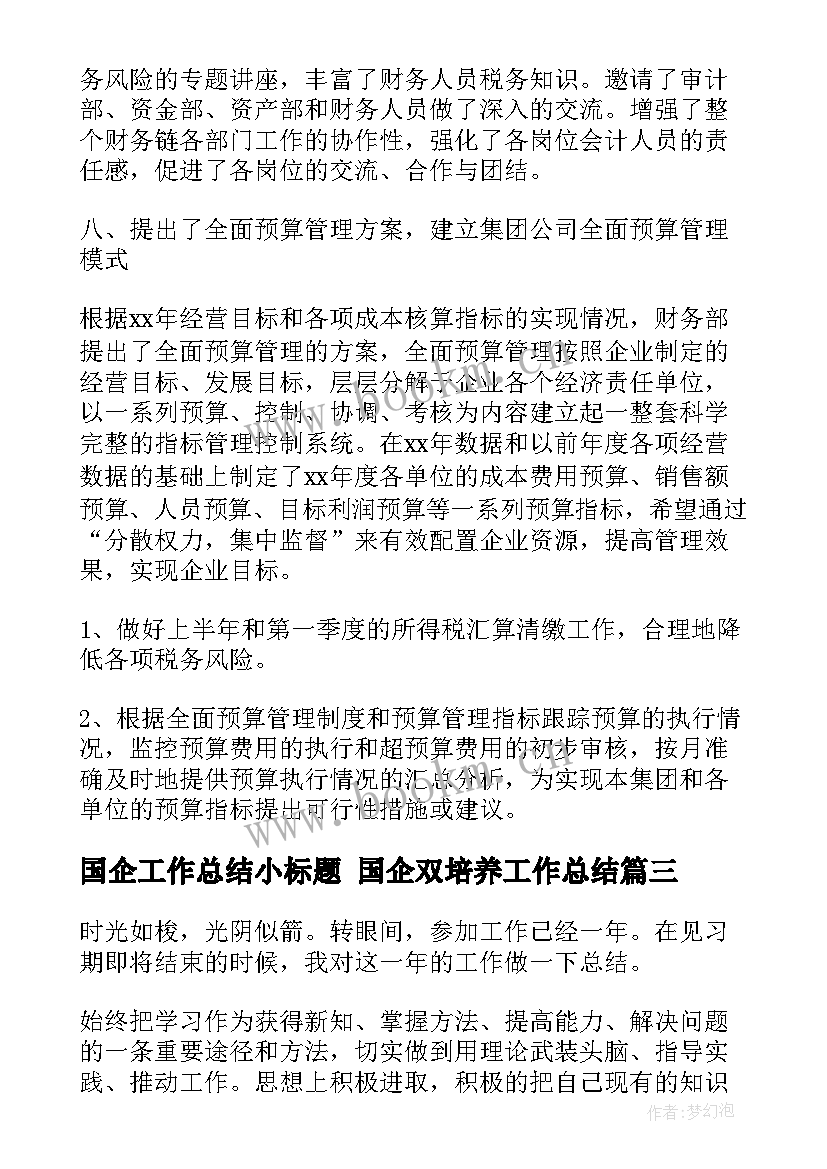 2023年国企工作总结小标题 国企双培养工作总结(精选7篇)