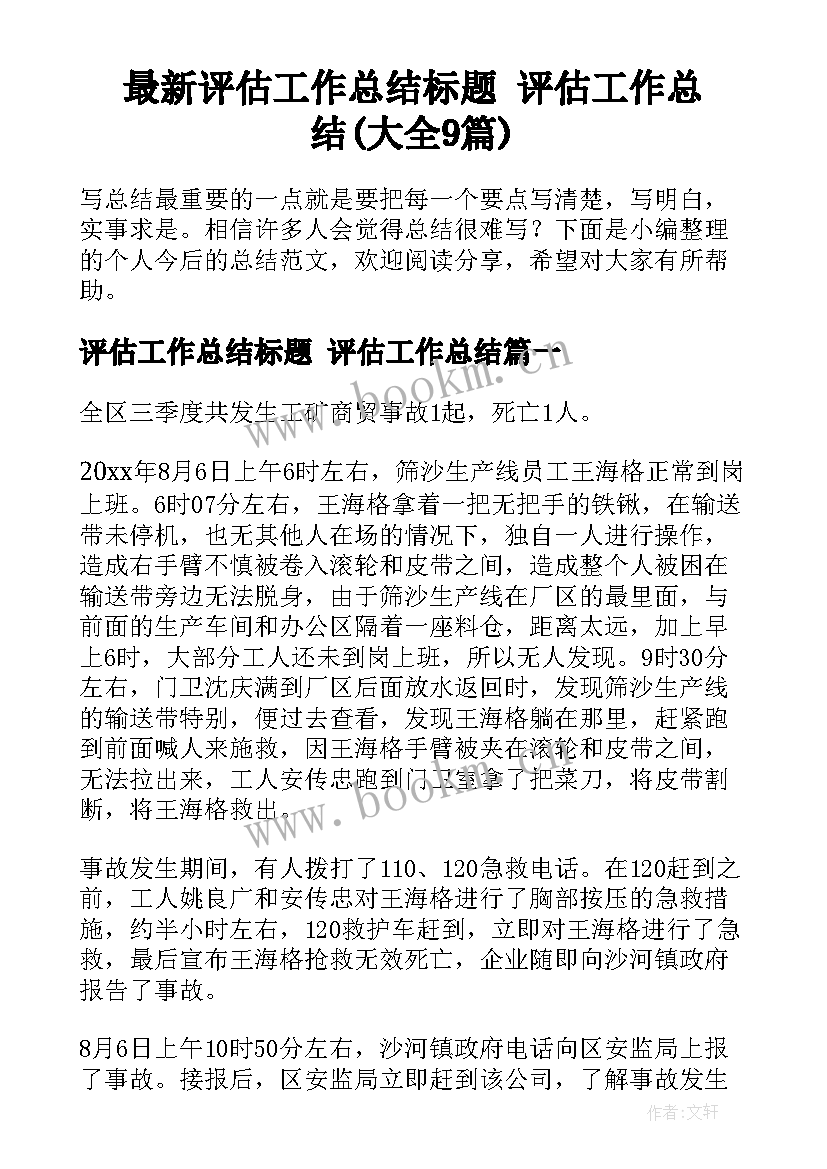 最新评估工作总结标题 评估工作总结(大全9篇)