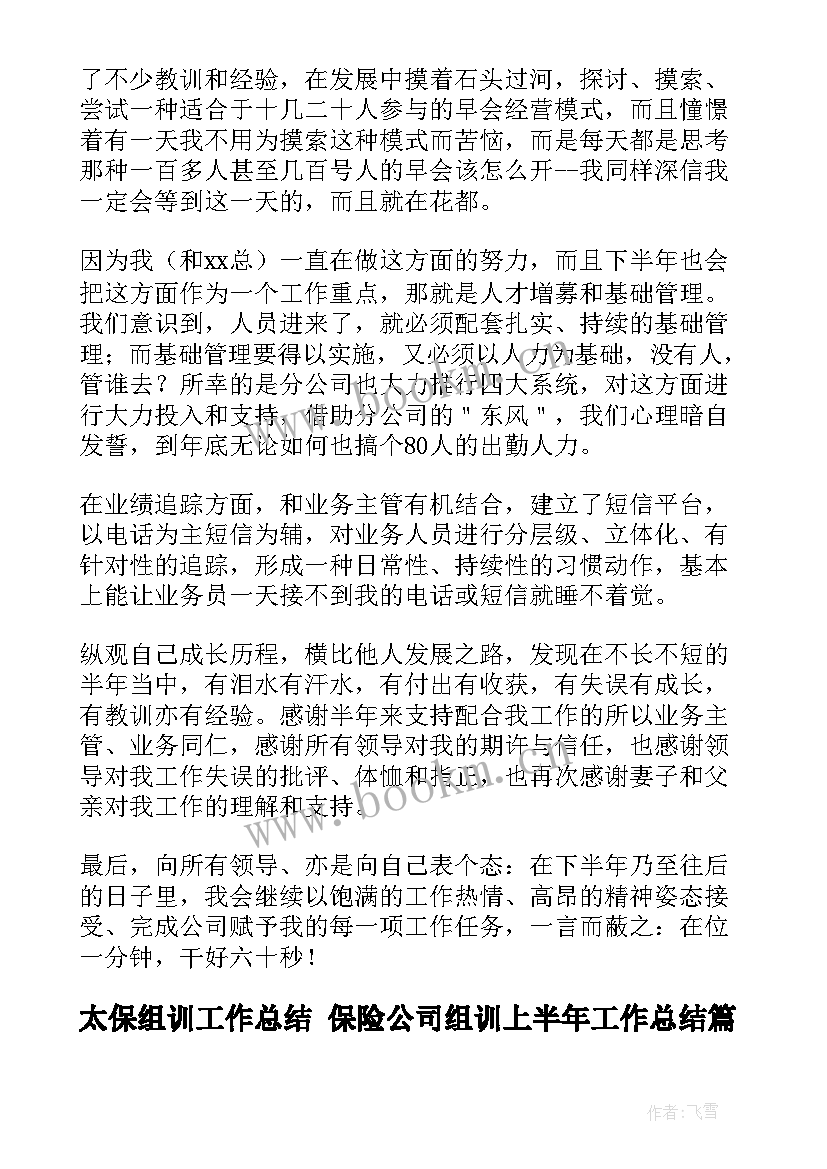 2023年太保组训工作总结 保险公司组训上半年工作总结(汇总5篇)