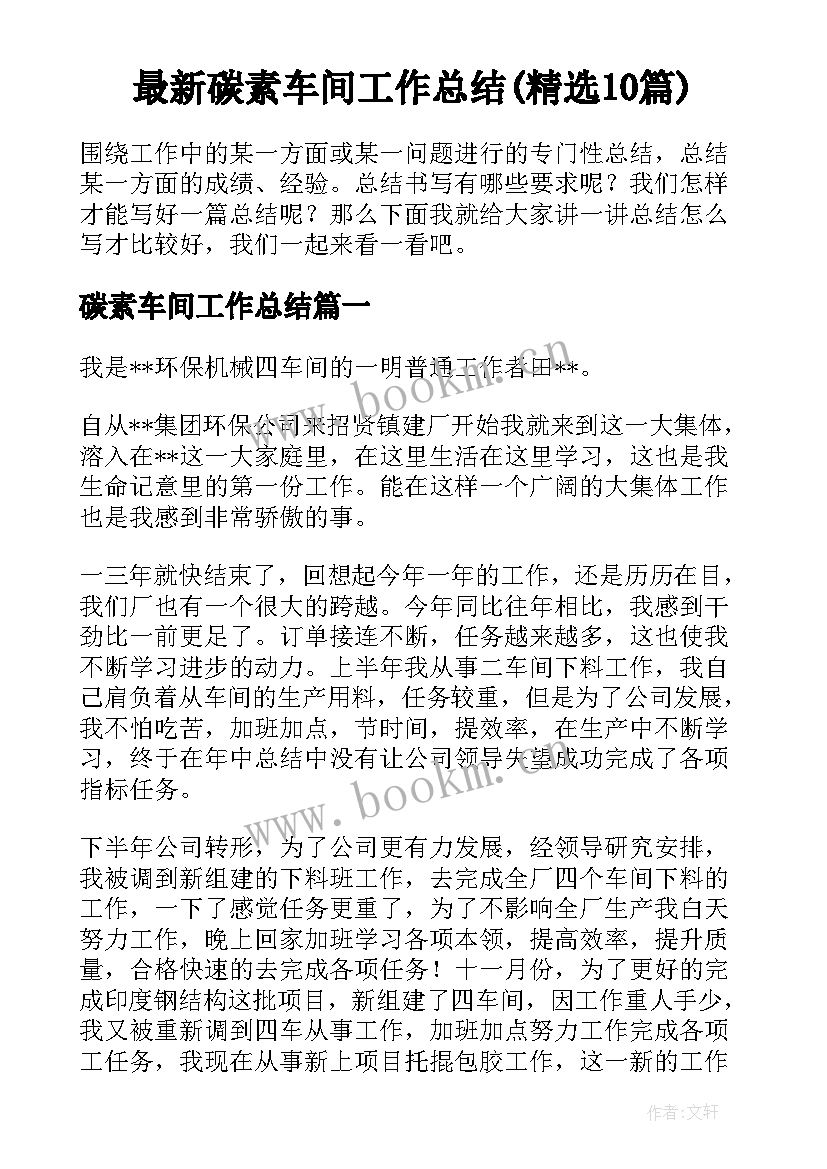 最新碳素车间工作总结(精选10篇)