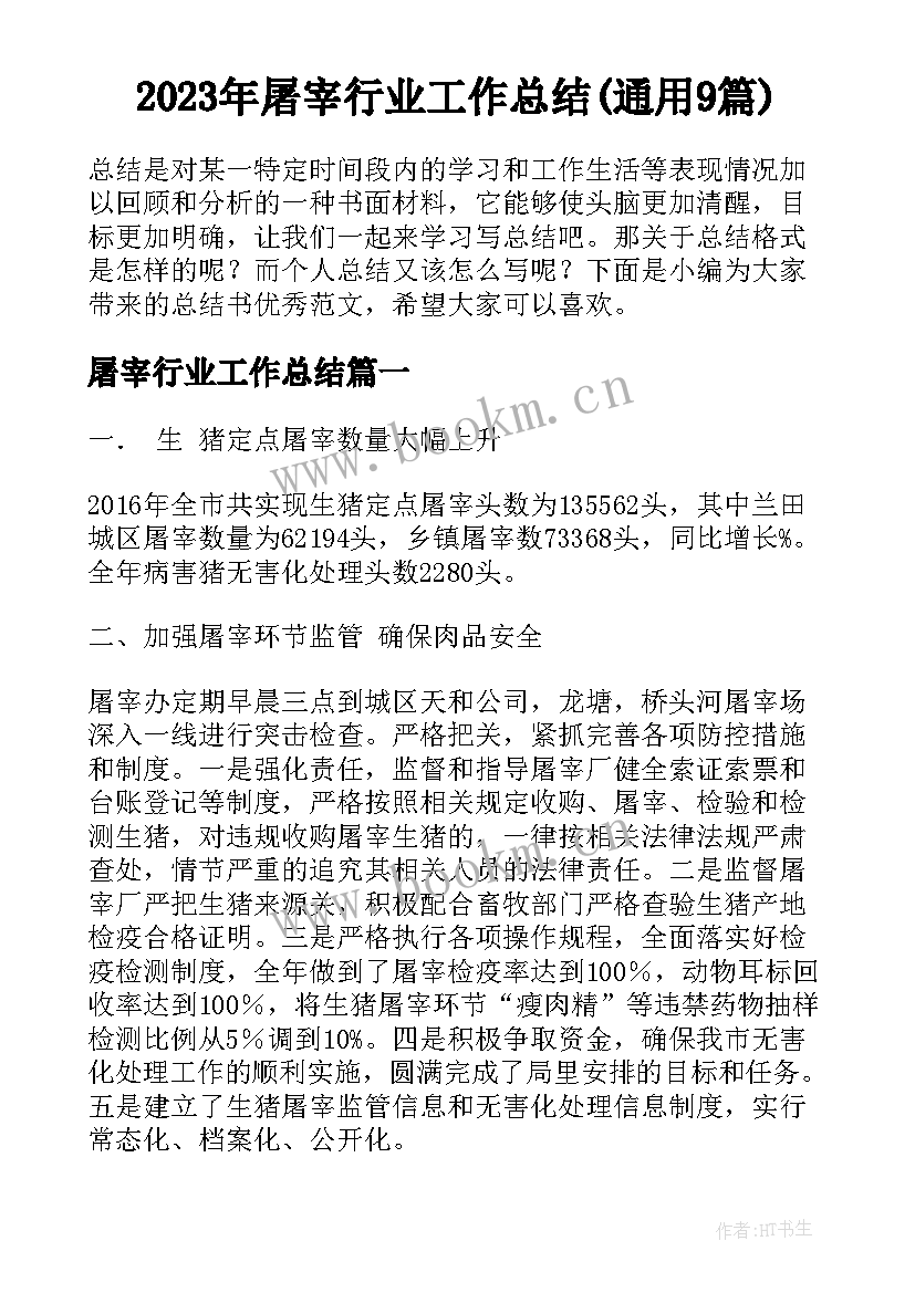 2023年屠宰行业工作总结(通用9篇)