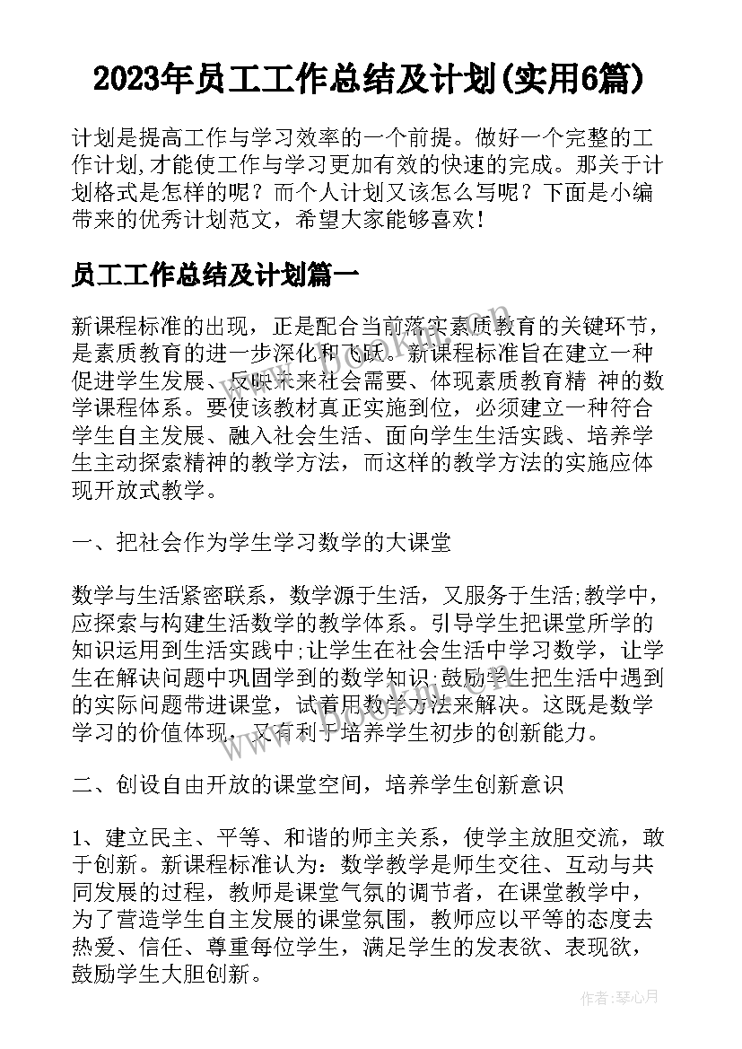 2023年员工工作总结及计划(实用6篇)