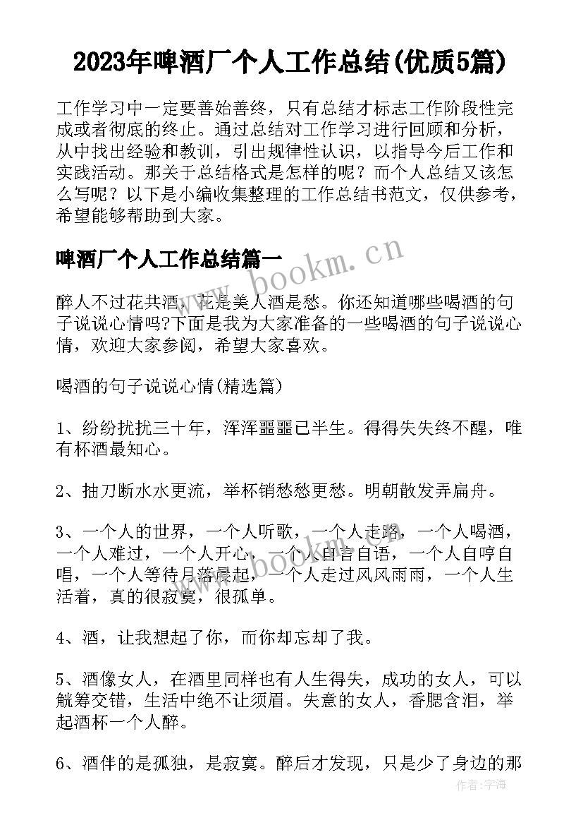 2023年啤酒厂个人工作总结(优质5篇)