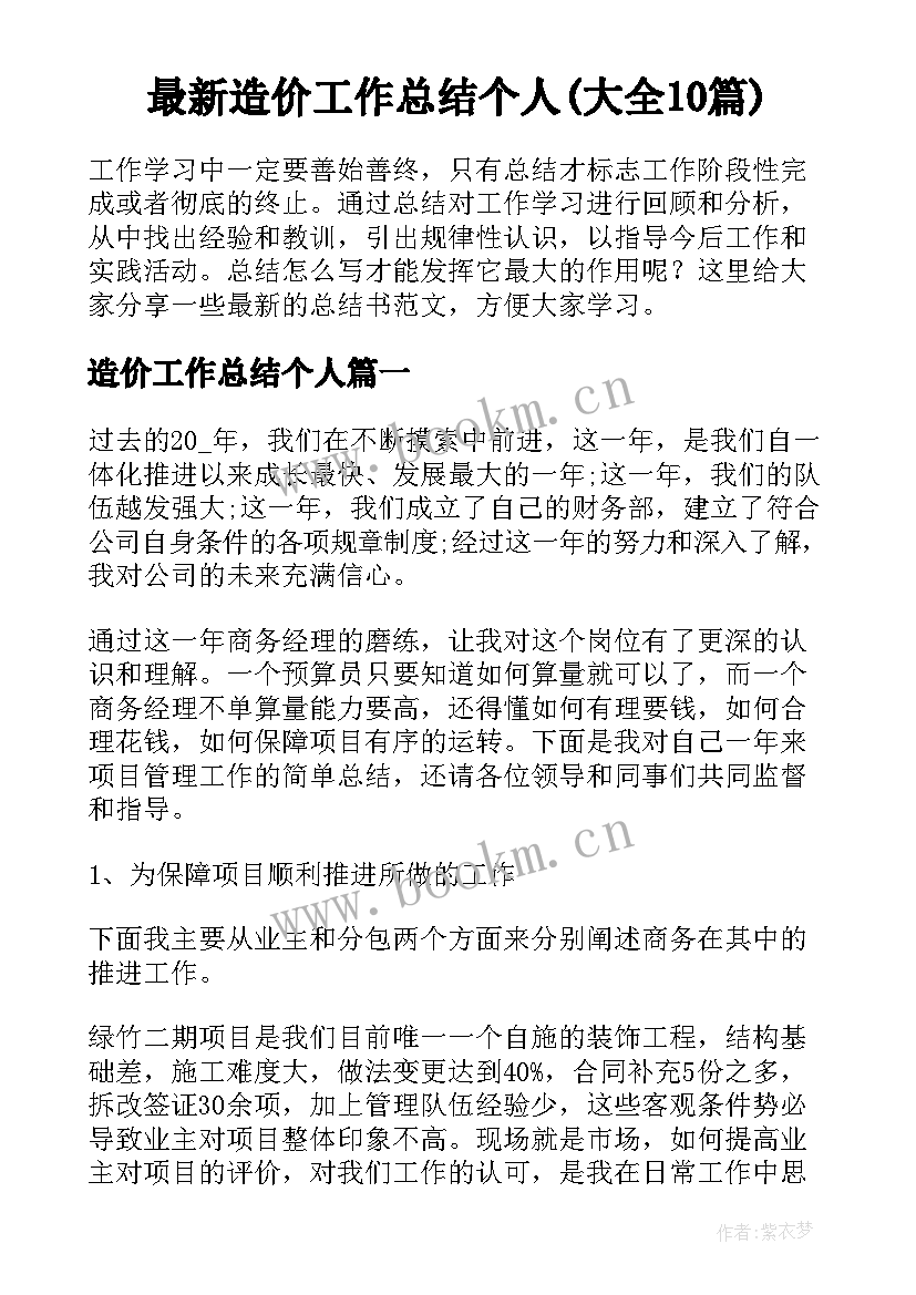 最新造价工作总结个人(大全10篇)