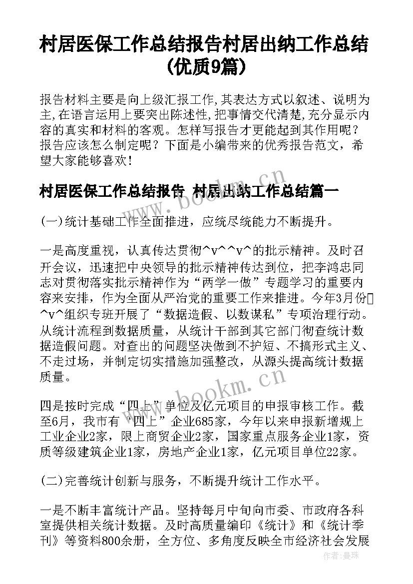 村居医保工作总结报告 村居出纳工作总结(优质9篇)