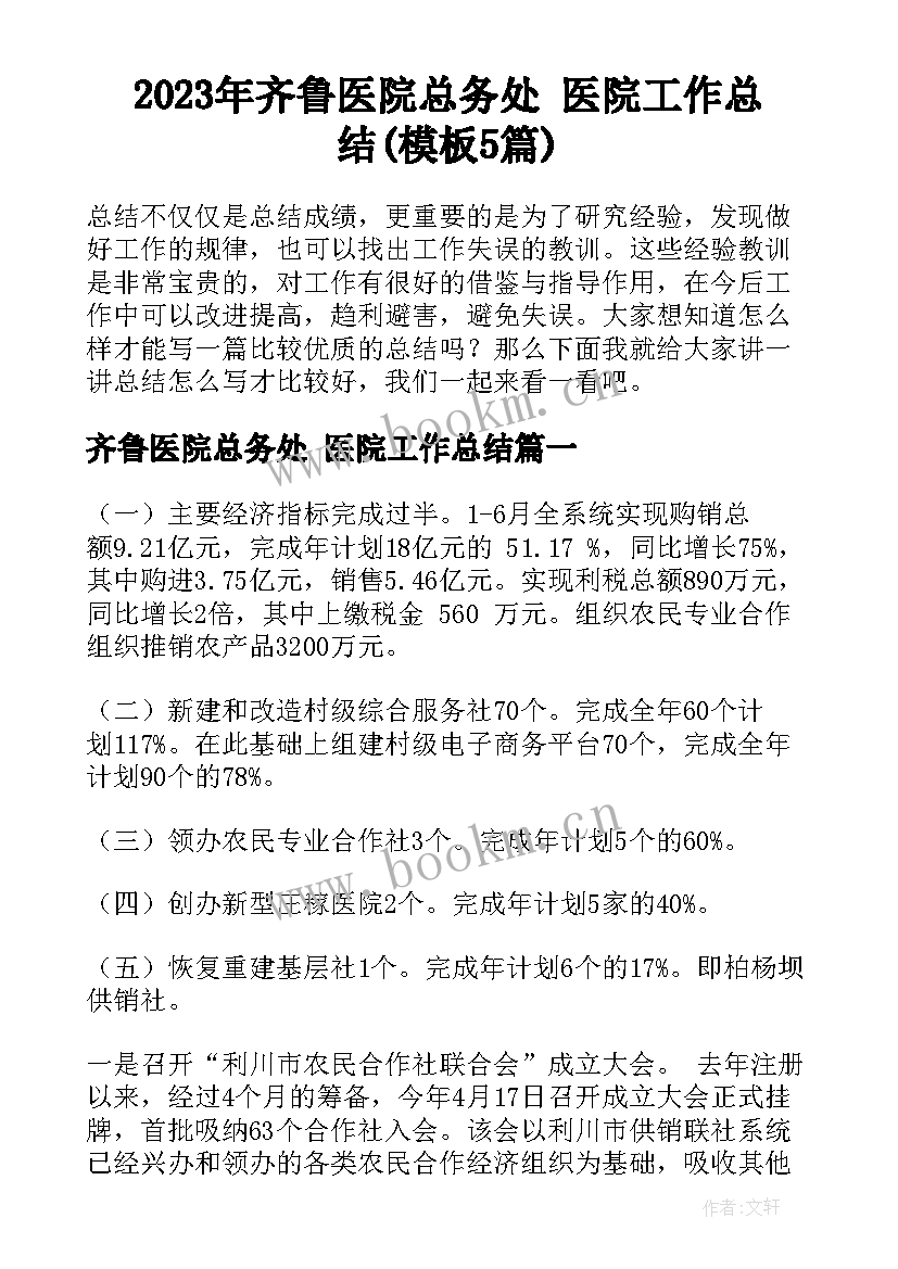 2023年齐鲁医院总务处 医院工作总结(模板5篇)