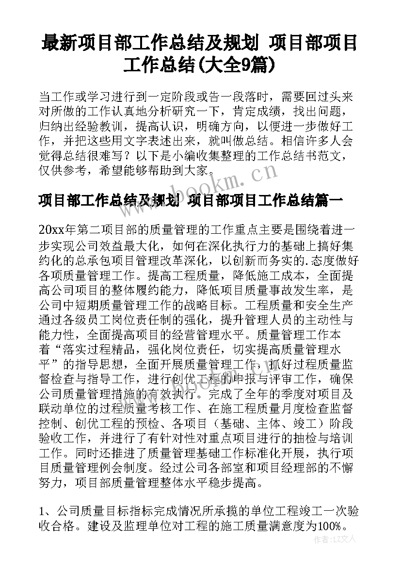 最新项目部工作总结及规划 项目部项目工作总结(大全9篇)