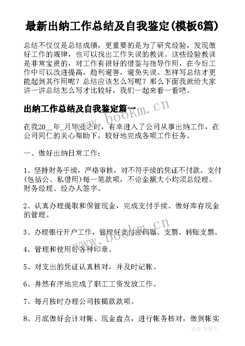 最新出纳工作总结及自我鉴定(模板6篇)