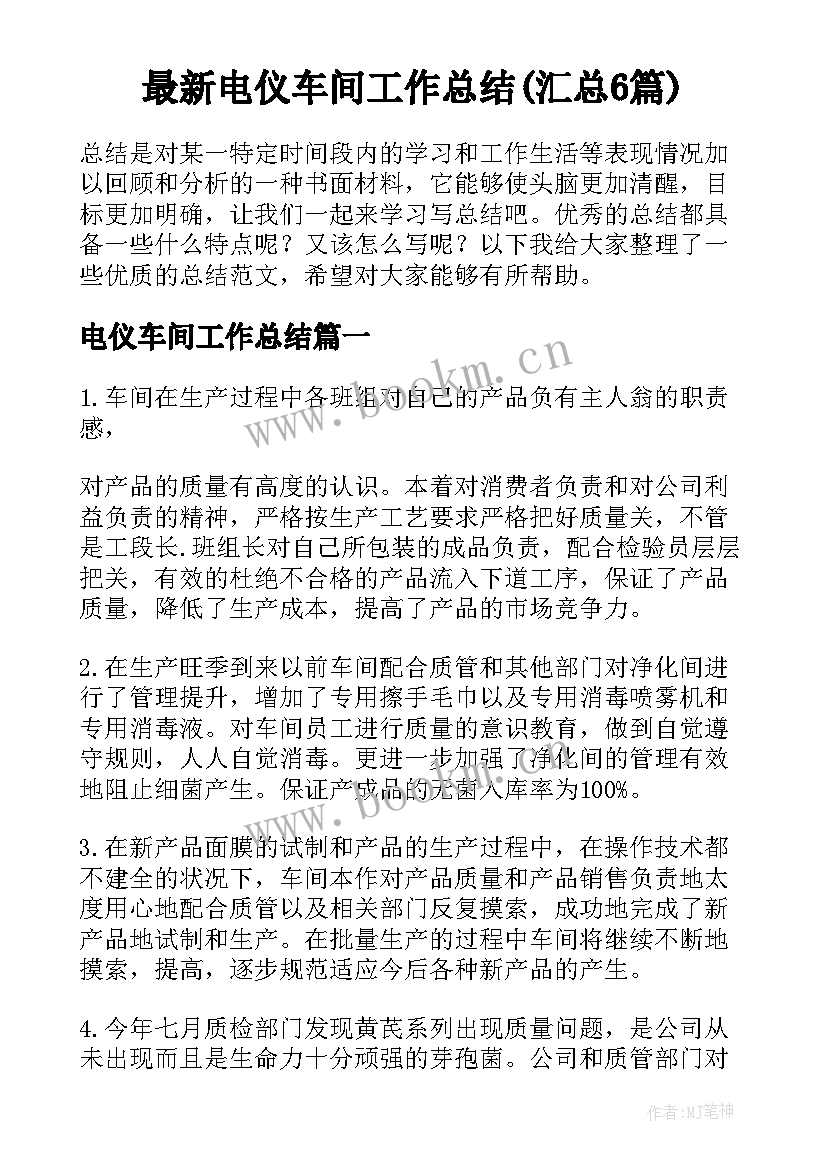 最新电仪车间工作总结(汇总6篇)