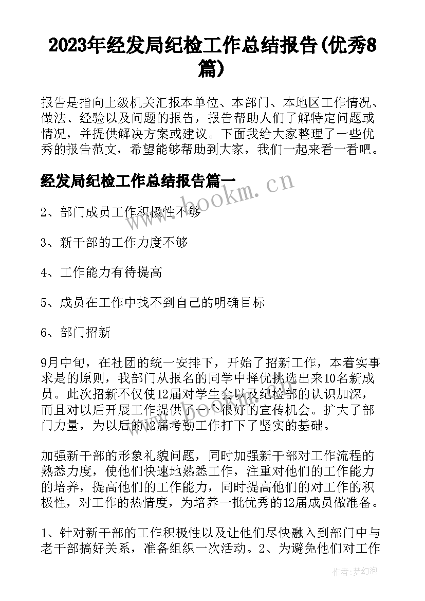 2023年经发局纪检工作总结报告(优秀8篇)