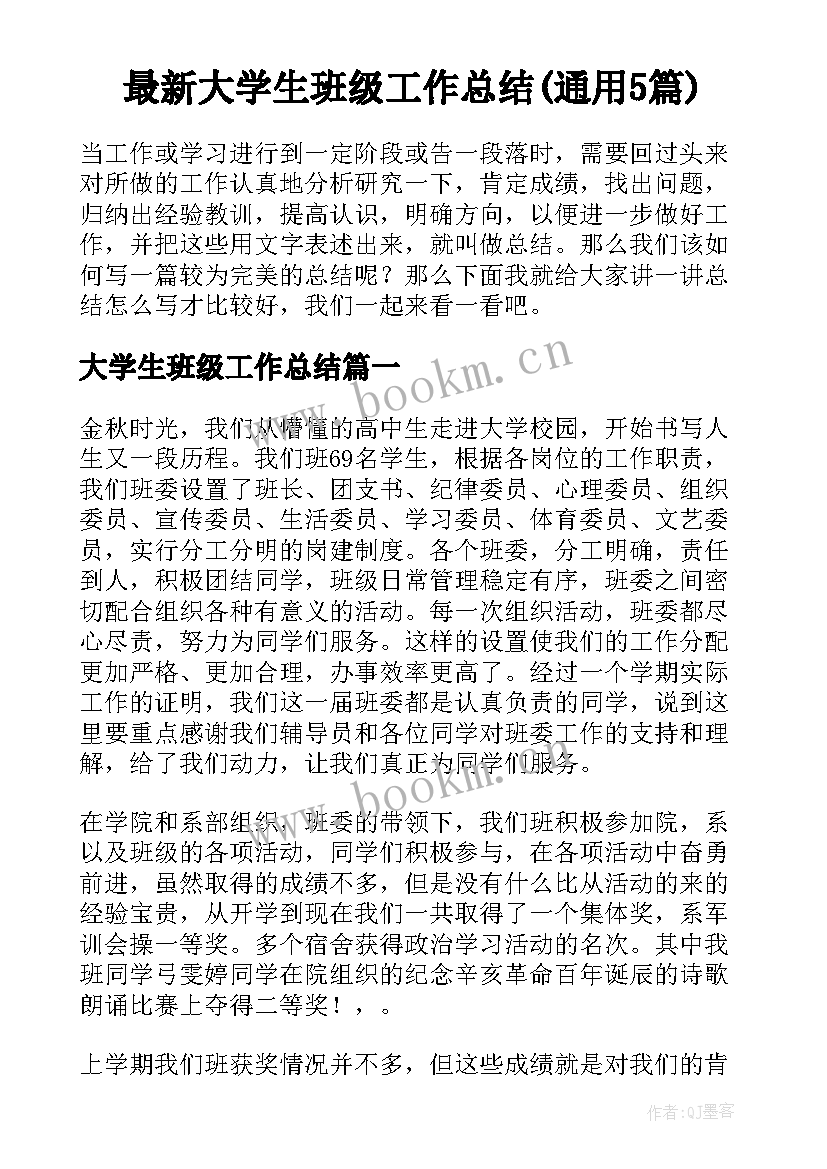 最新大学生班级工作总结(通用5篇)