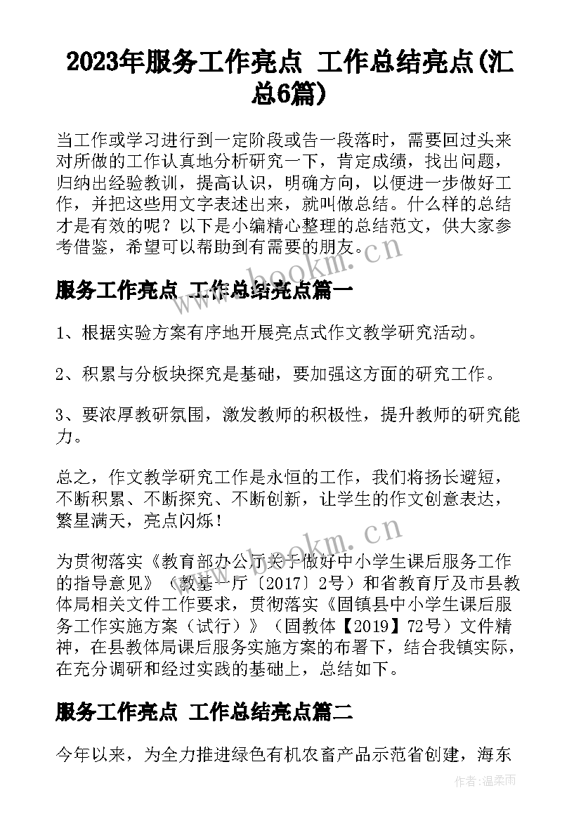 2023年服务工作亮点 工作总结亮点(汇总6篇)