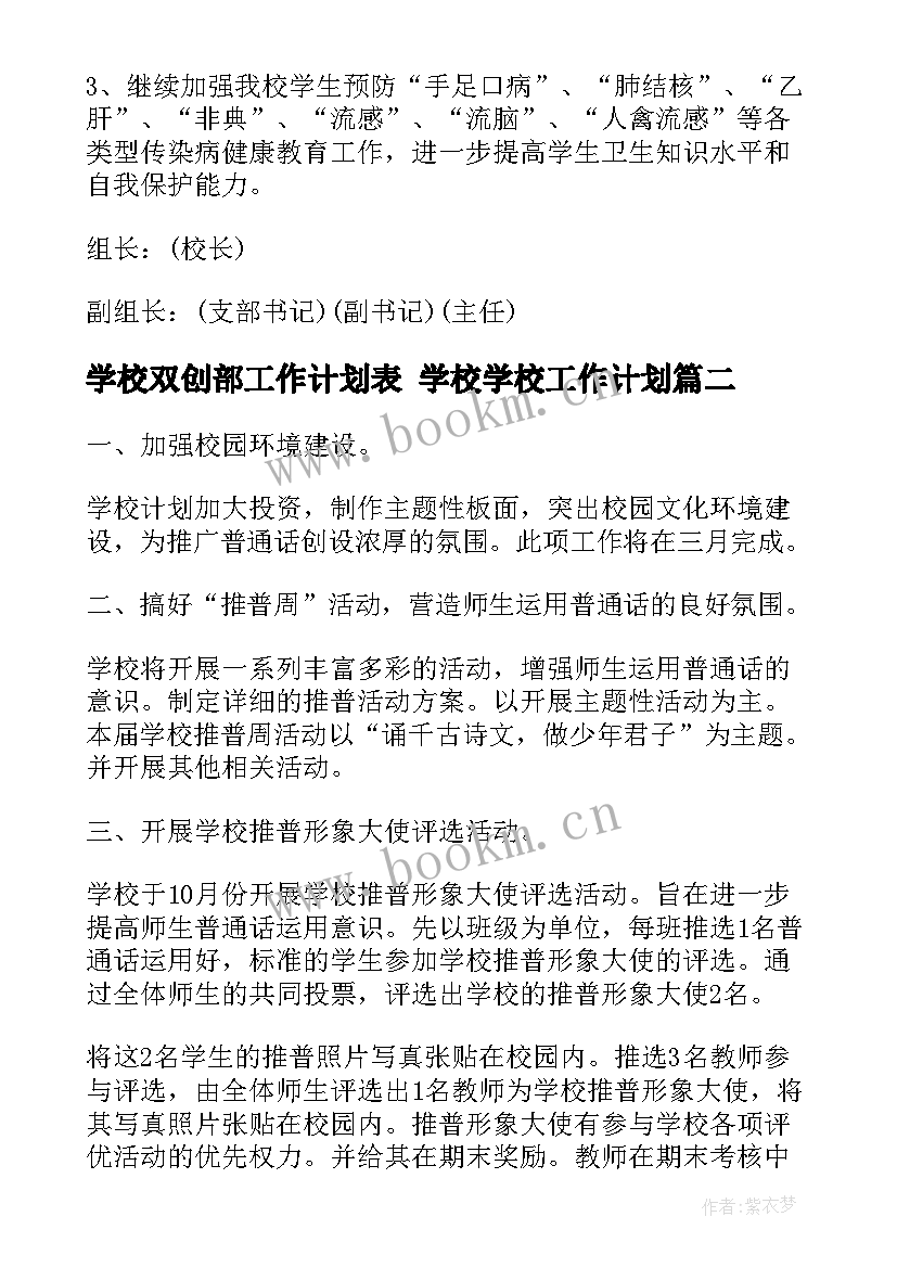 学校双创部工作计划表 学校学校工作计划(通用5篇)