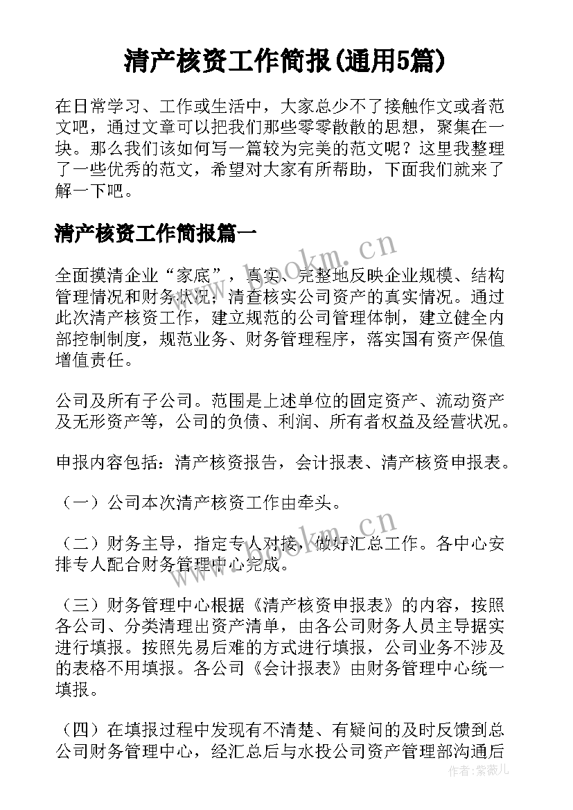 清产核资工作简报(通用5篇)