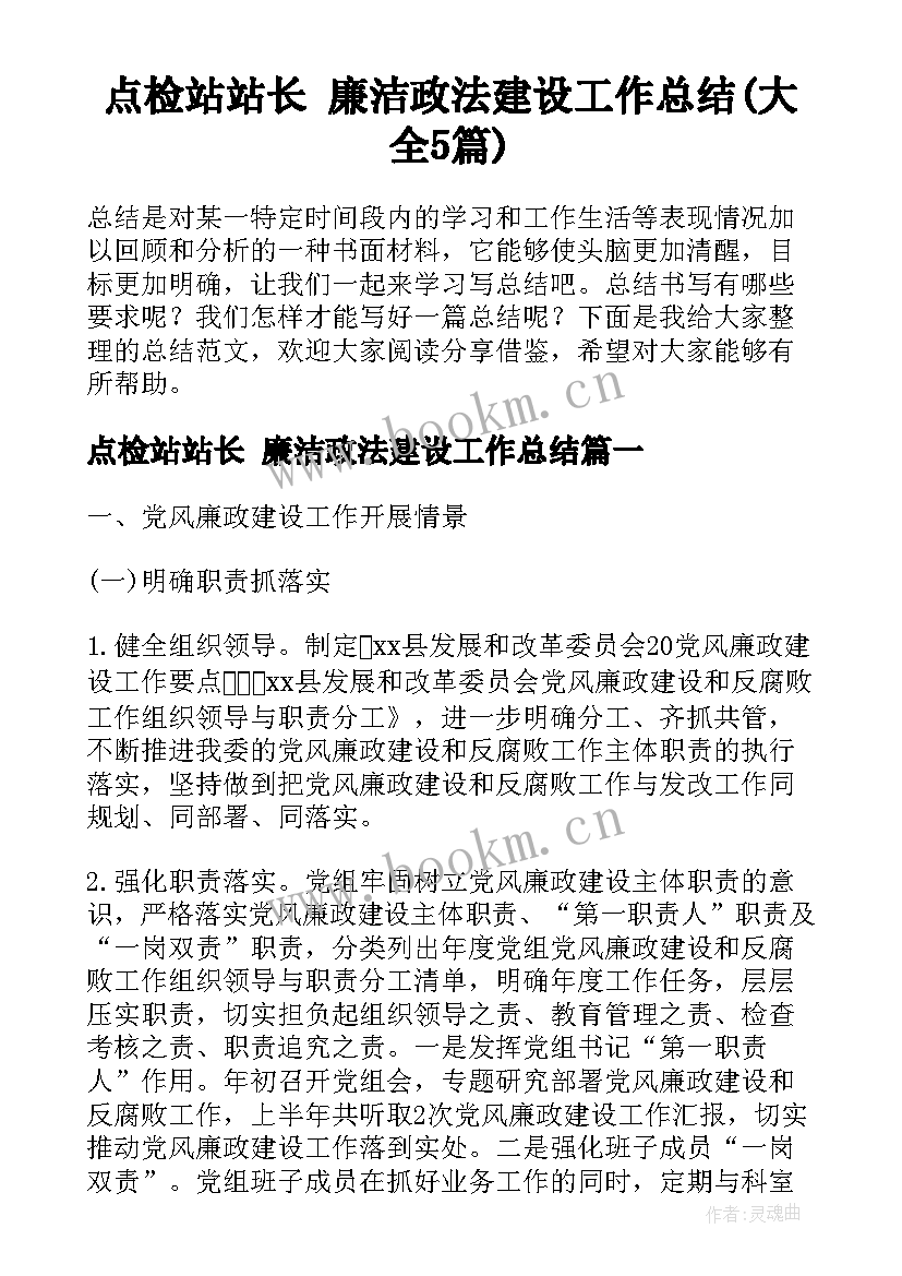 点检站站长 廉洁政法建设工作总结(大全5篇)