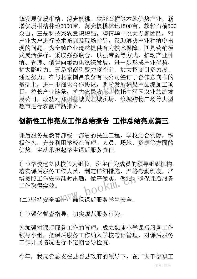 创新性工作亮点工作总结报告 工作总结亮点(实用8篇)