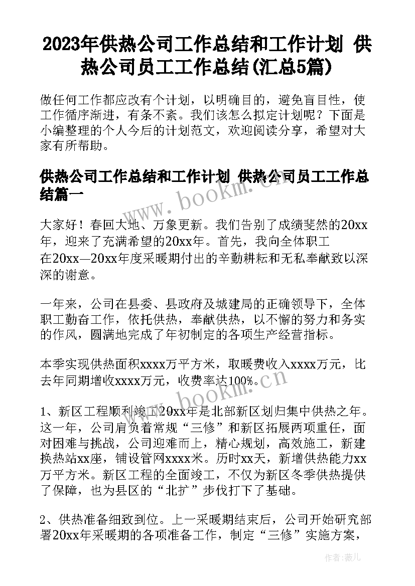 2023年供热公司工作总结和工作计划 供热公司员工工作总结(汇总5篇)