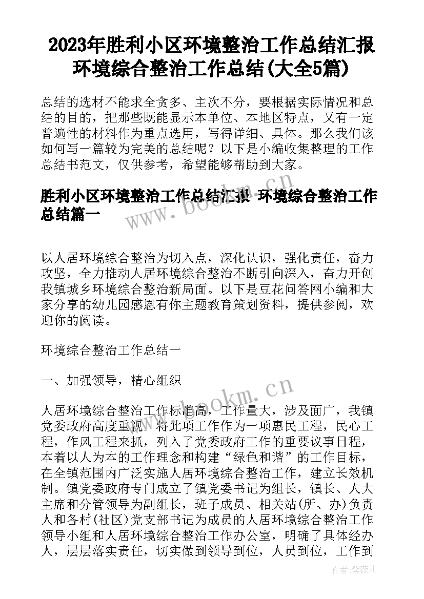 2023年胜利小区环境整治工作总结汇报 环境综合整治工作总结(大全5篇)