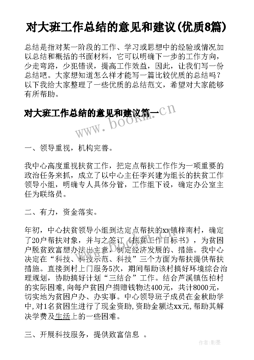 对大班工作总结的意见和建议(优质8篇)