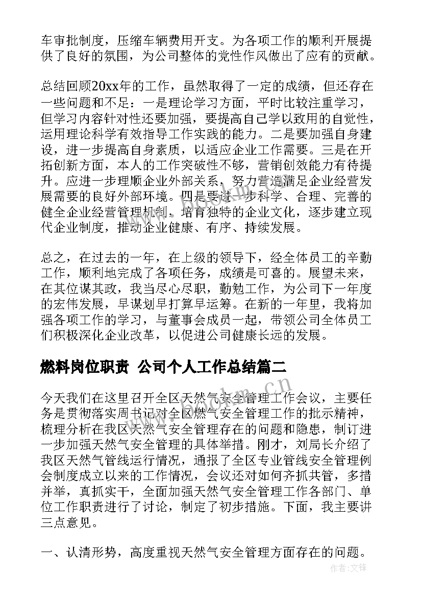 2023年燃料岗位职责 公司个人工作总结(通用5篇)