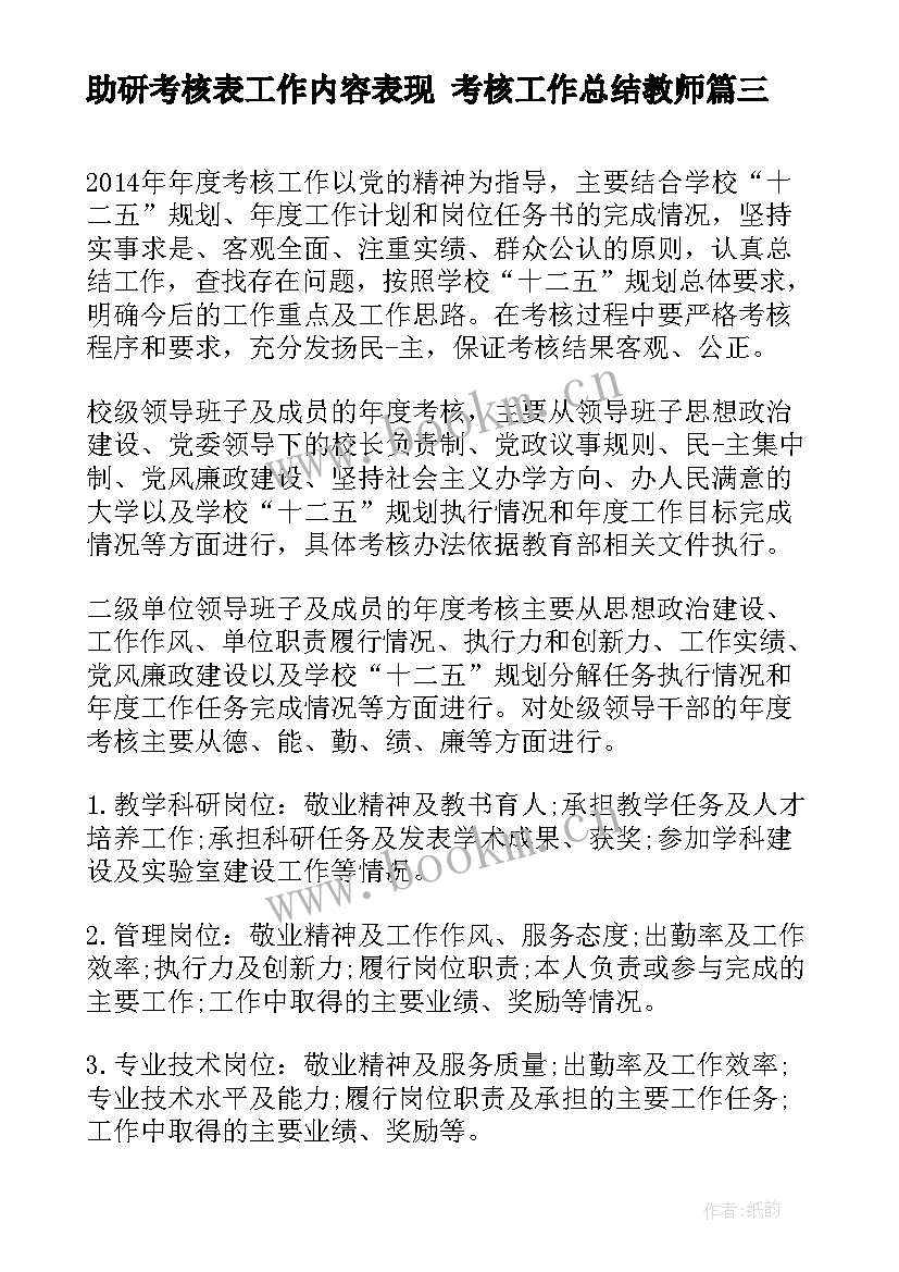 最新助研考核表工作内容表现 考核工作总结教师(模板5篇)