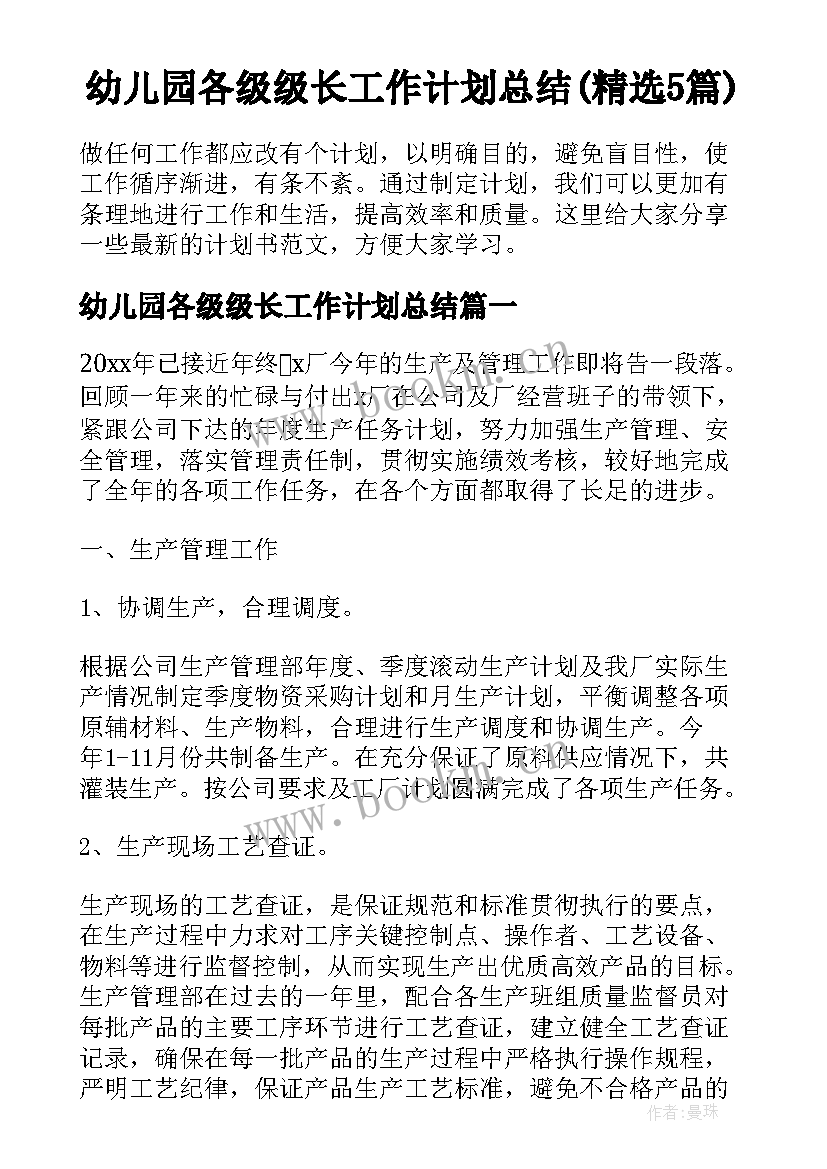 幼儿园各级级长工作计划总结(精选5篇)