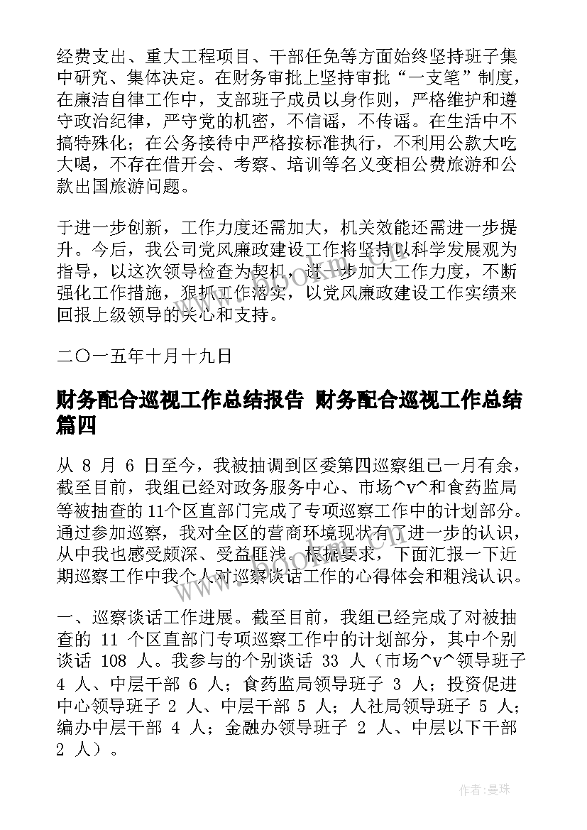 2023年财务配合巡视工作总结报告 财务配合巡视工作总结(优秀5篇)