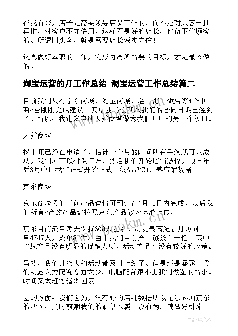 淘宝运营的月工作总结 淘宝运营工作总结(汇总5篇)