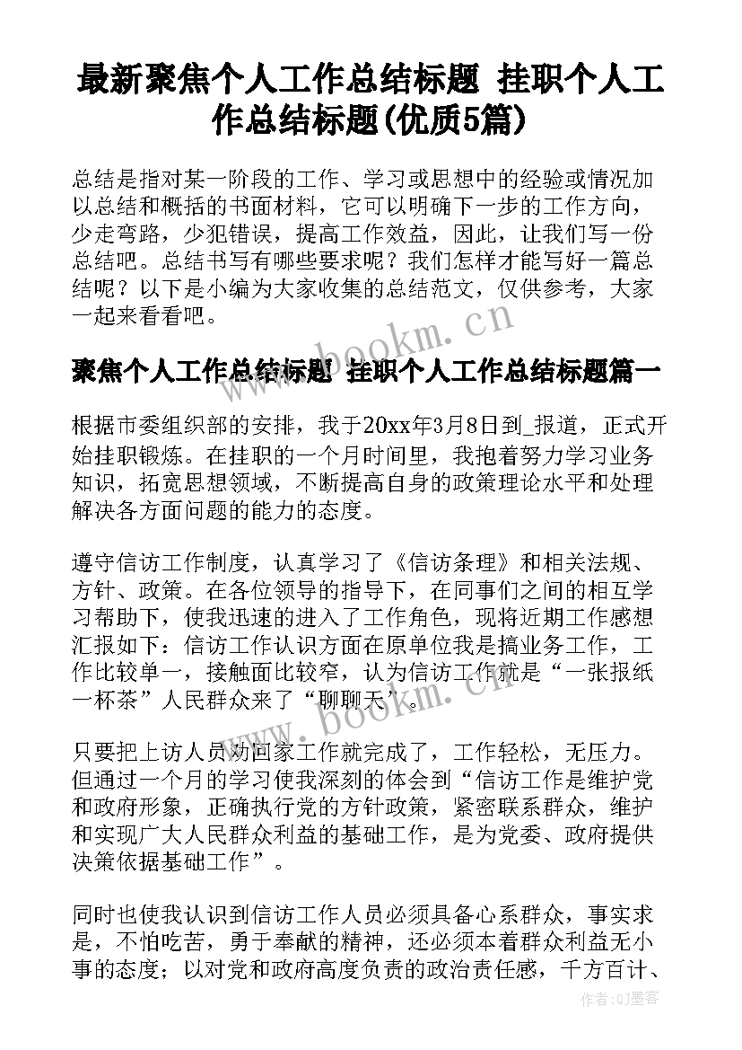 最新聚焦个人工作总结标题 挂职个人工作总结标题(优质5篇)