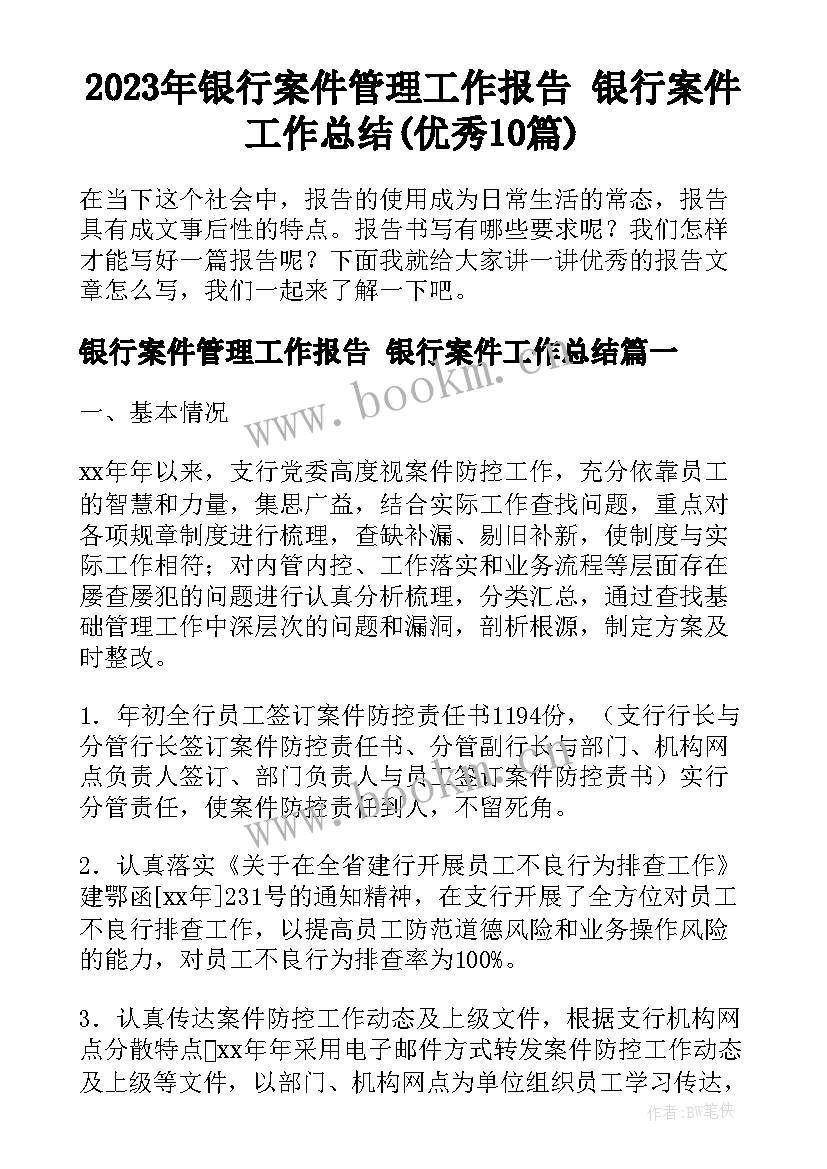 2023年银行案件管理工作报告 银行案件工作总结(优秀10篇)