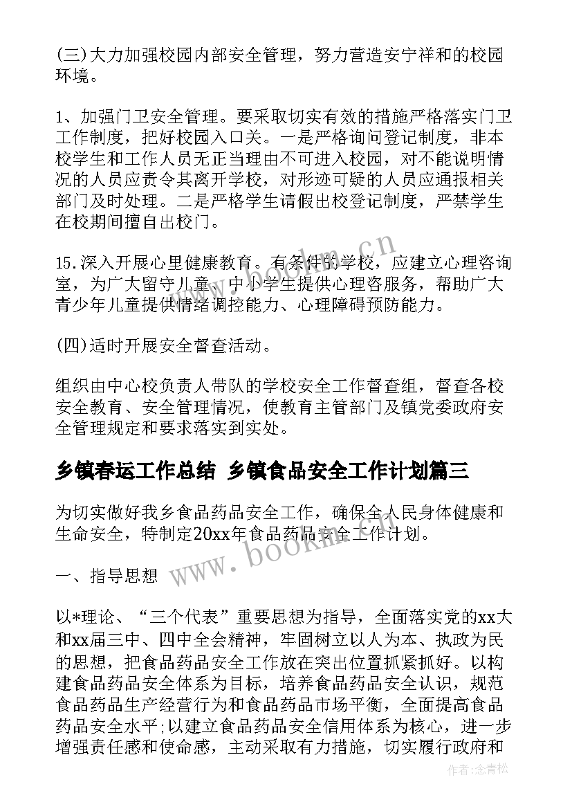 乡镇春运工作总结 乡镇食品安全工作计划(优秀5篇)