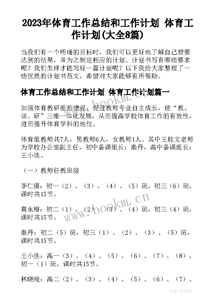 2023年体育工作总结和工作计划 体育工作计划(大全8篇)