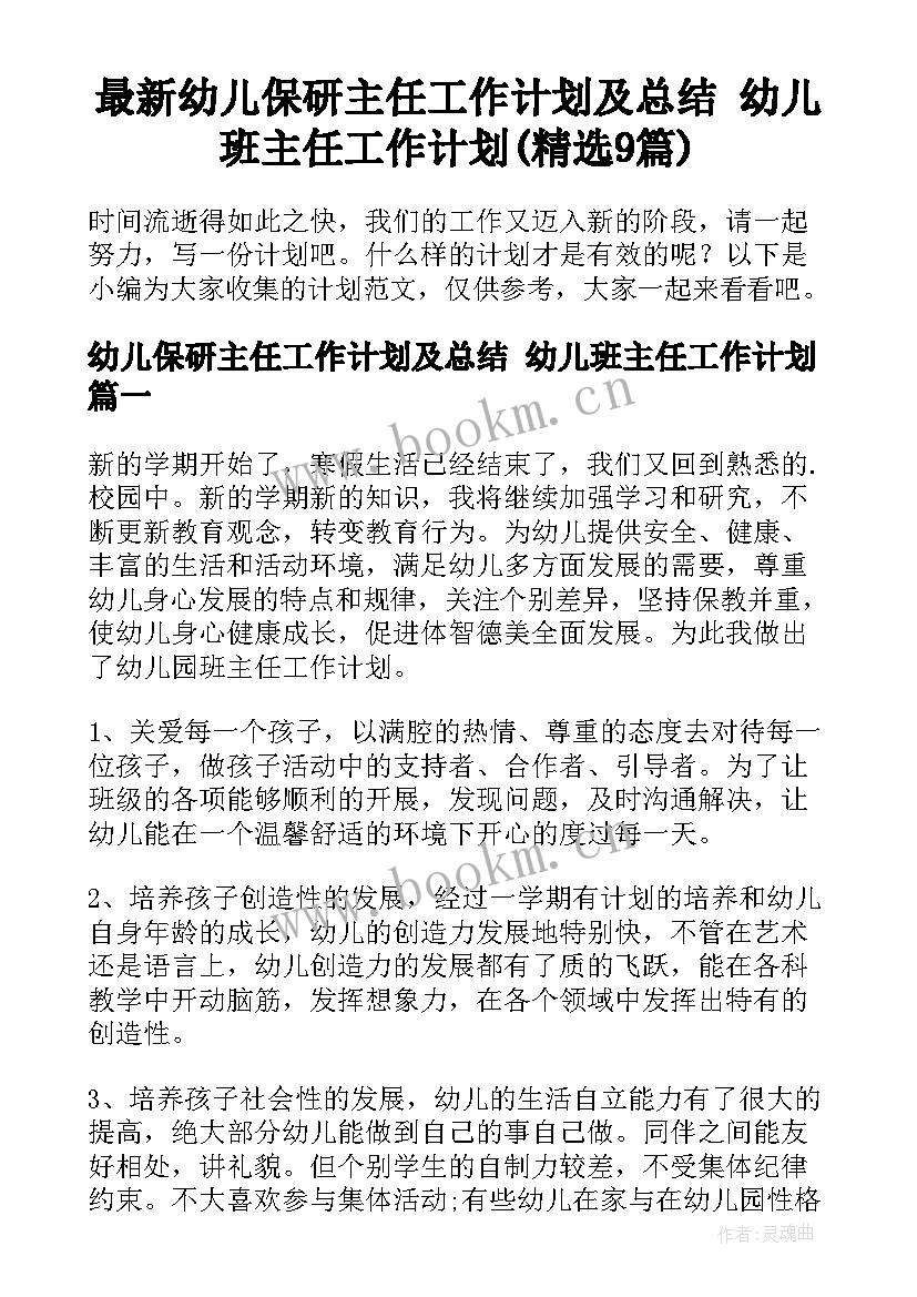 最新幼儿保研主任工作计划及总结 幼儿班主任工作计划(精选9篇)