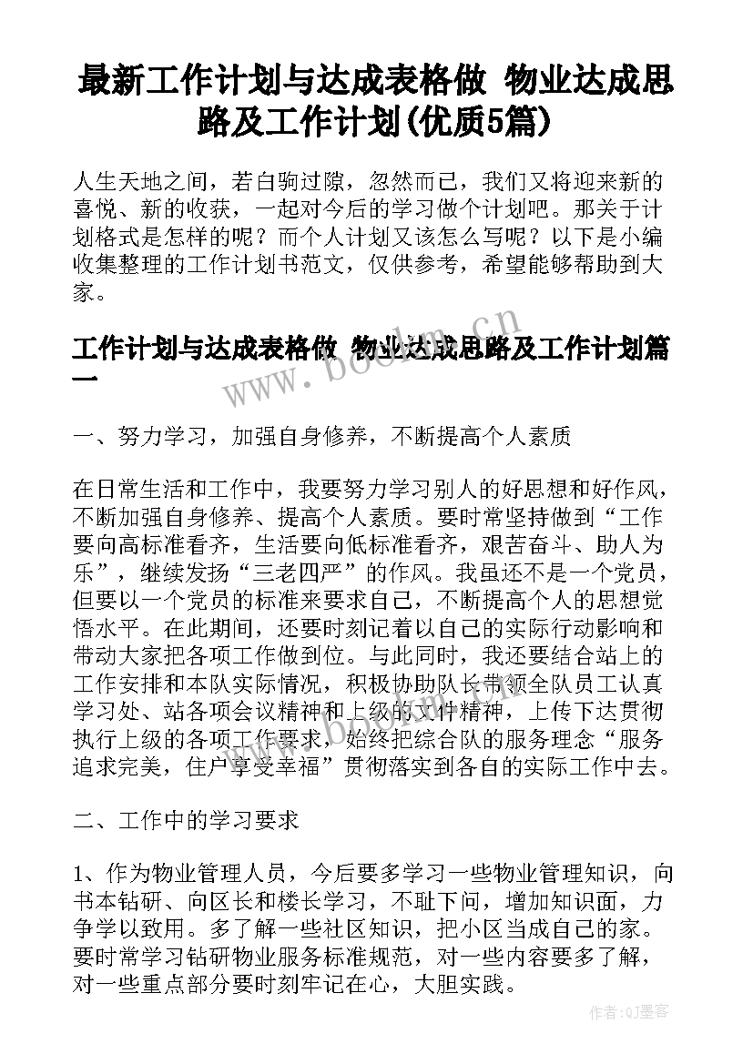 最新工作计划与达成表格做 物业达成思路及工作计划(优质5篇)