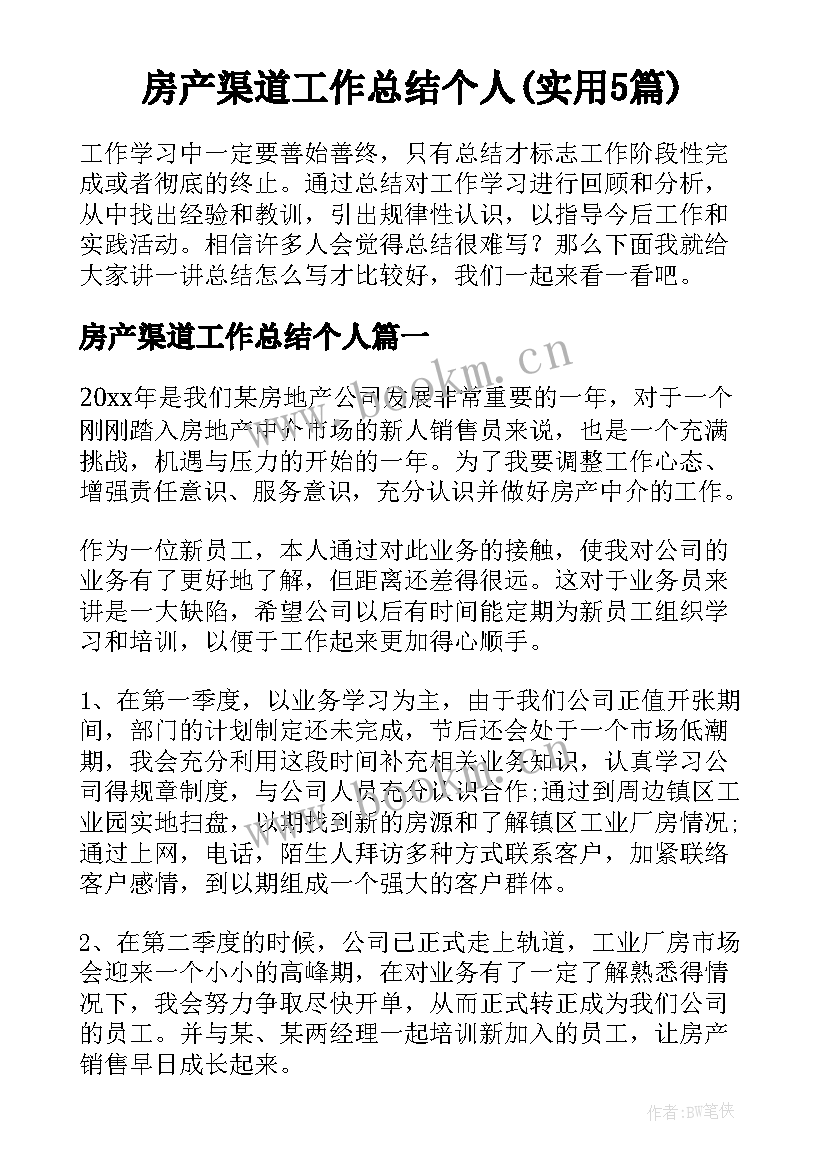 房产渠道工作总结个人(实用5篇)