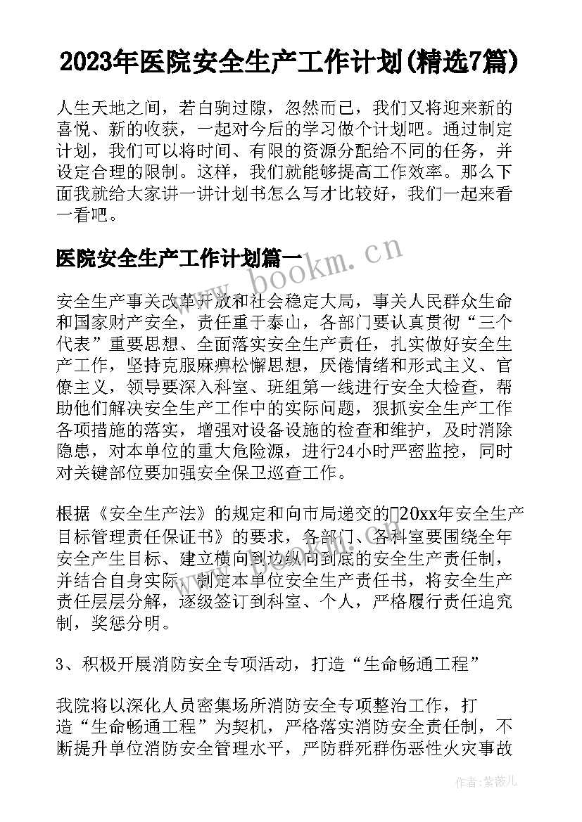 2023年医院安全生产工作计划(精选7篇)