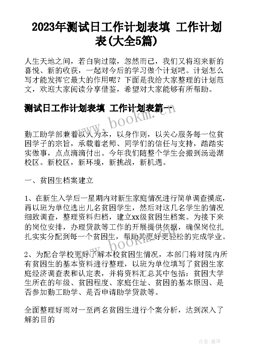 2023年测试日工作计划表填 工作计划表(大全5篇)