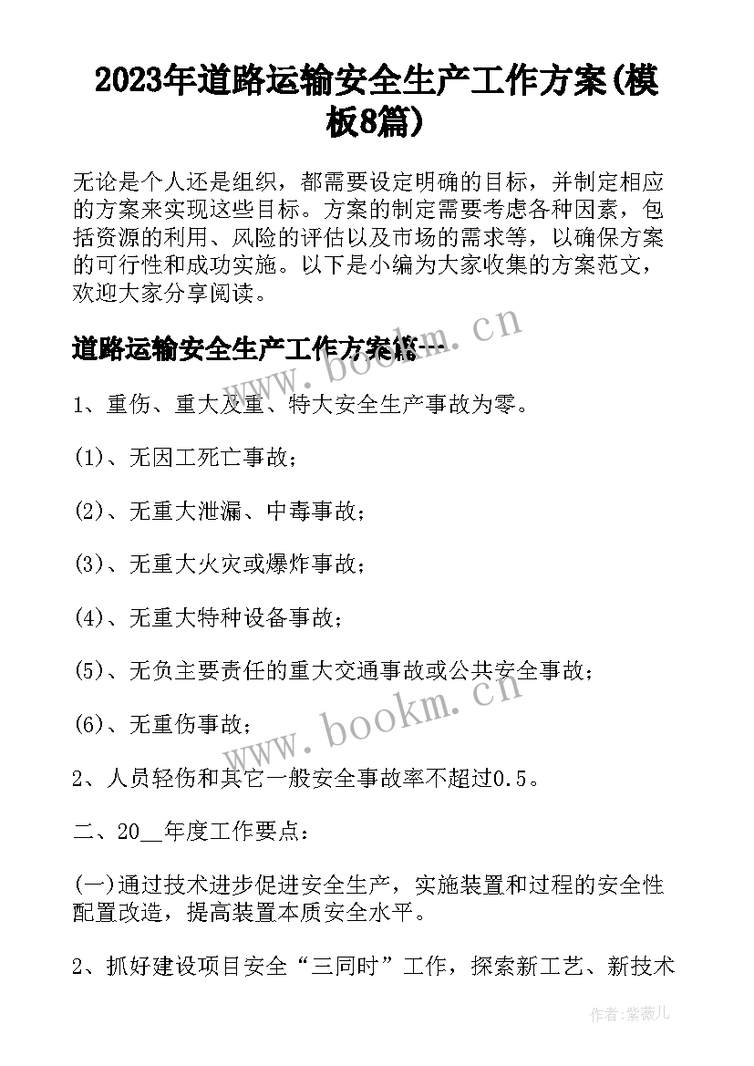 2023年道路运输安全生产工作方案(模板8篇)