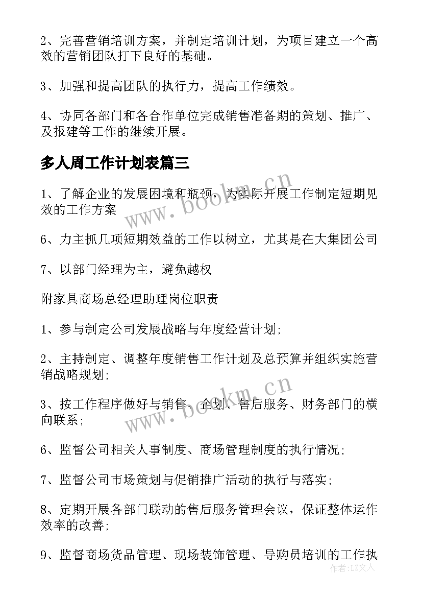 最新多人周工作计划表(汇总6篇)